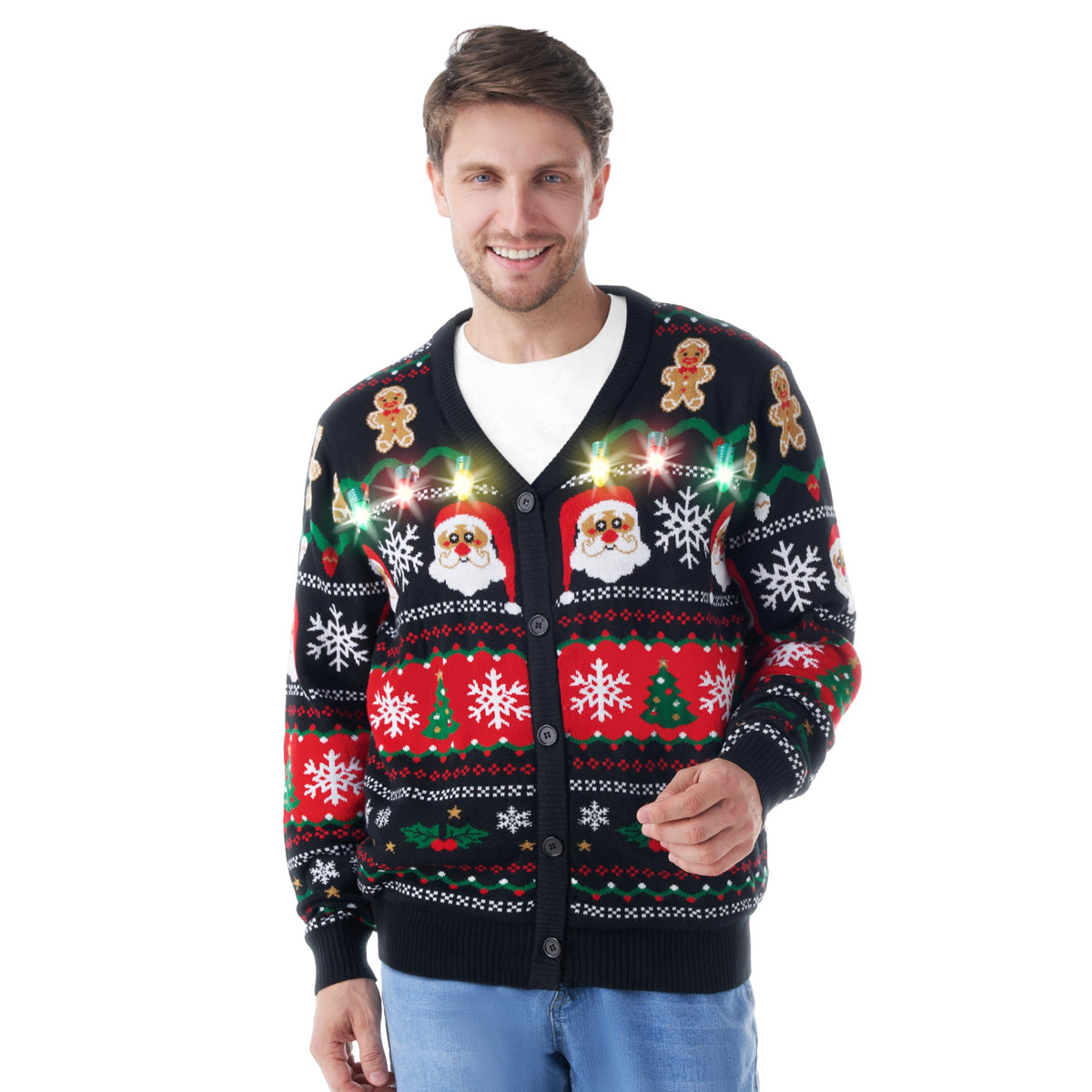 Twinkling Santa V-Neck Christmas Cardigan