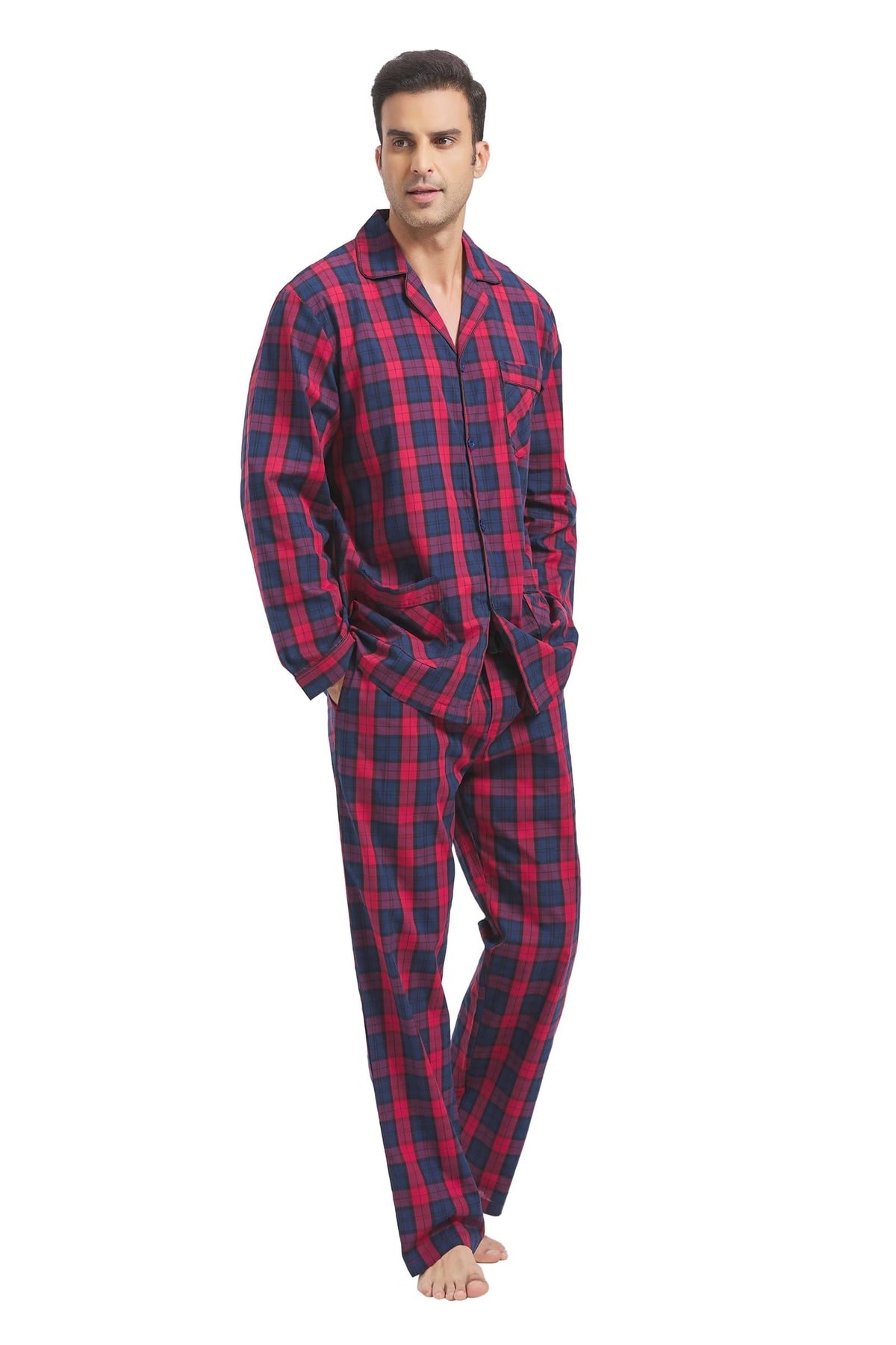 CottonCraft Men's Plaid Pajama Set with Pockets
