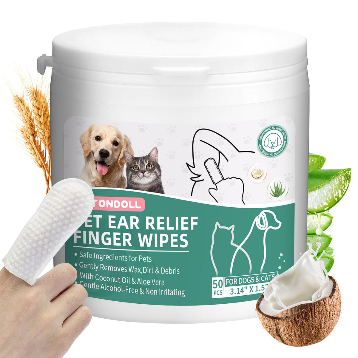 ANTONDOLL Dog Ear Cleaner Finger Wipes - Cat Ear Cleaner Wipes Grooming Pet Supplies Reduce Dirt Wax Debris Soothes & Deodorizes Fresh Coconut Scent 50 Counts