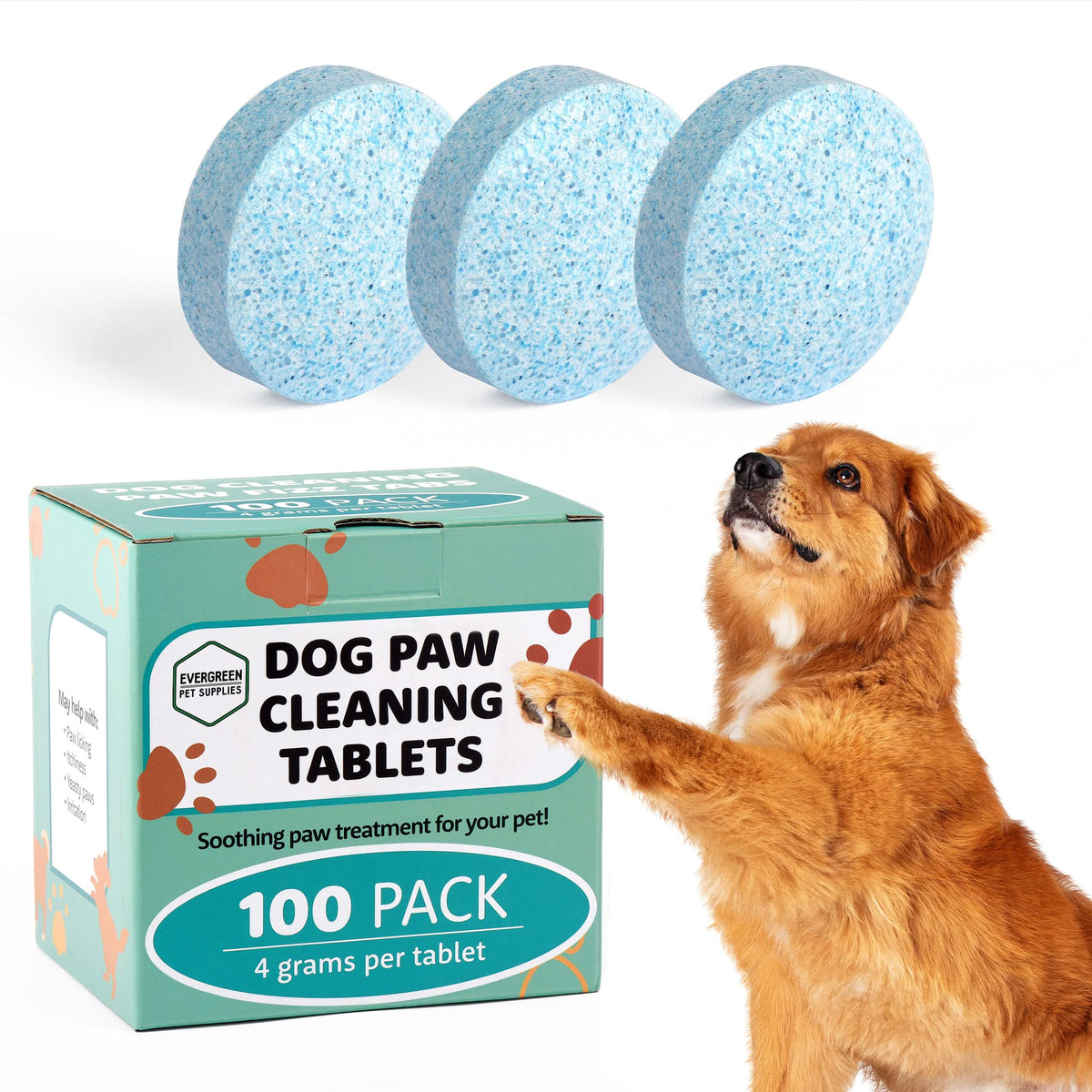 Evergreen Pet Supplies Dog Paw Cleaning Tablets - 100 Count 4g Tea Tree Oil Fizz Tablets - Dog Itchy Paw Relief - Deep Cleans Soothes Moisturizes Yeasty Paw Pads - Helps Stop Frequent Licking
