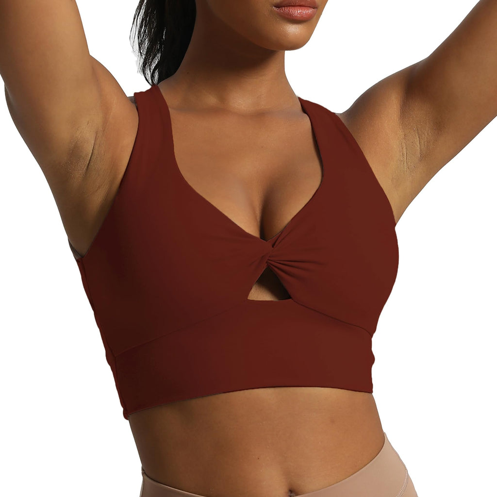 Aoxjox Womens Workout Sports Bras Twist Front Fitness Padded Training Gym Bra Yoga Crop Lola Tank Top (Rum Raisin Medium)
