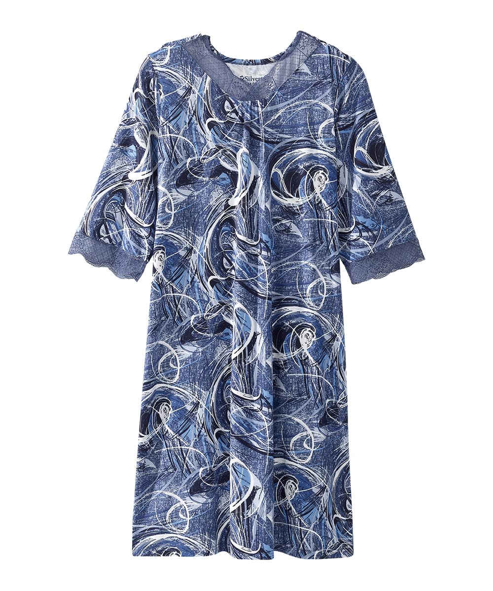 Silverts Easy Dress Hospital Gown for Women - Blue Swirl LGE