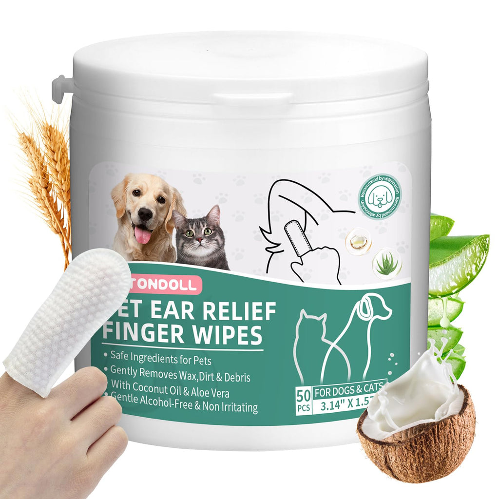 ANTONDOLL Dog Ear Cleaner Finger Wipes - Cat Ear Cleaner Wipes Grooming Pet Supplies Reduce Dirt Wax Debris Soothes & Deodorizes Fresh Coconut Scent 50 Counts