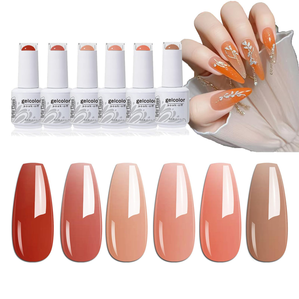 Arte Clavo Winter Gel Nail Polish Set 6 Colors Jelly Gel Polish Nude Pink Red Gel Neutral Nail Art Design Translucent Gel Nail Kits Soak Off Uv Nail Lamp Cured Nail Manicure DIY Home 626