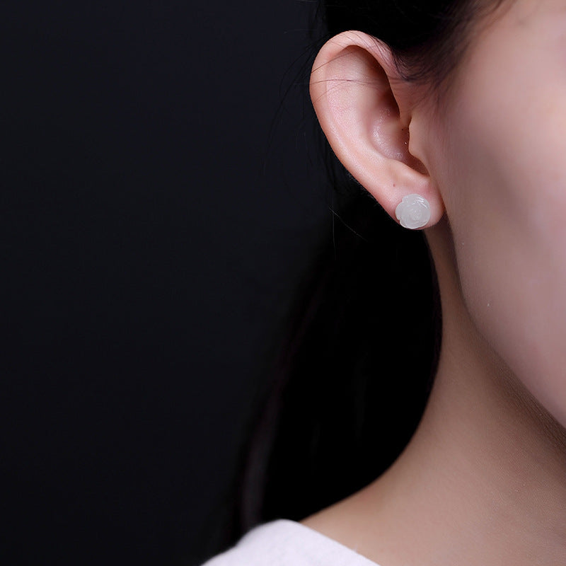 S925 Silver Jade Rose Stud Earrings