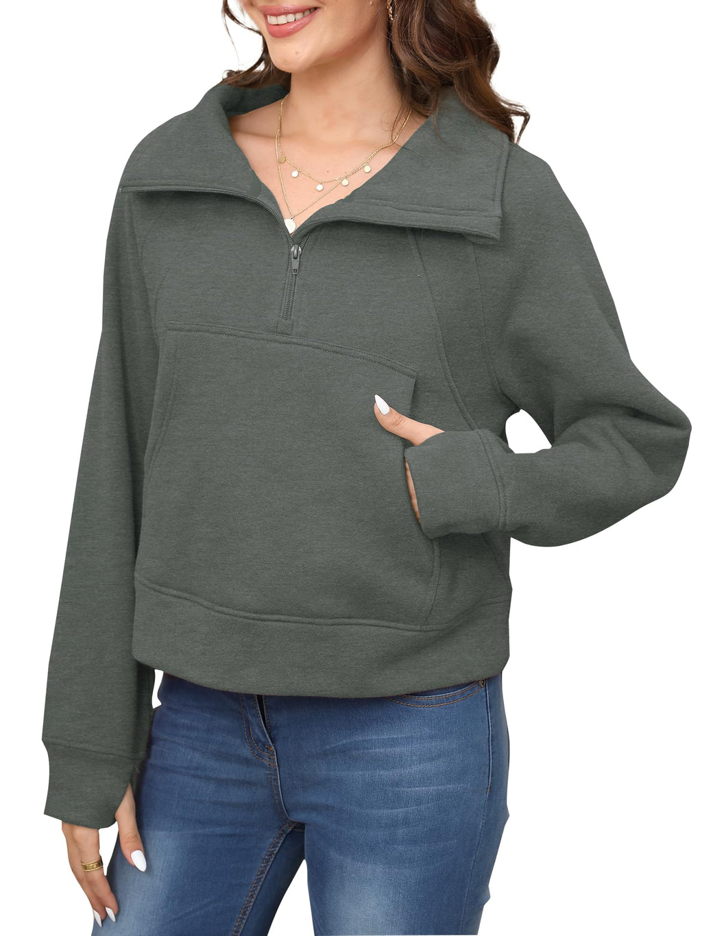 Fuzzy Quarter Zip Women's Sweater - Thumbhole Design in Green