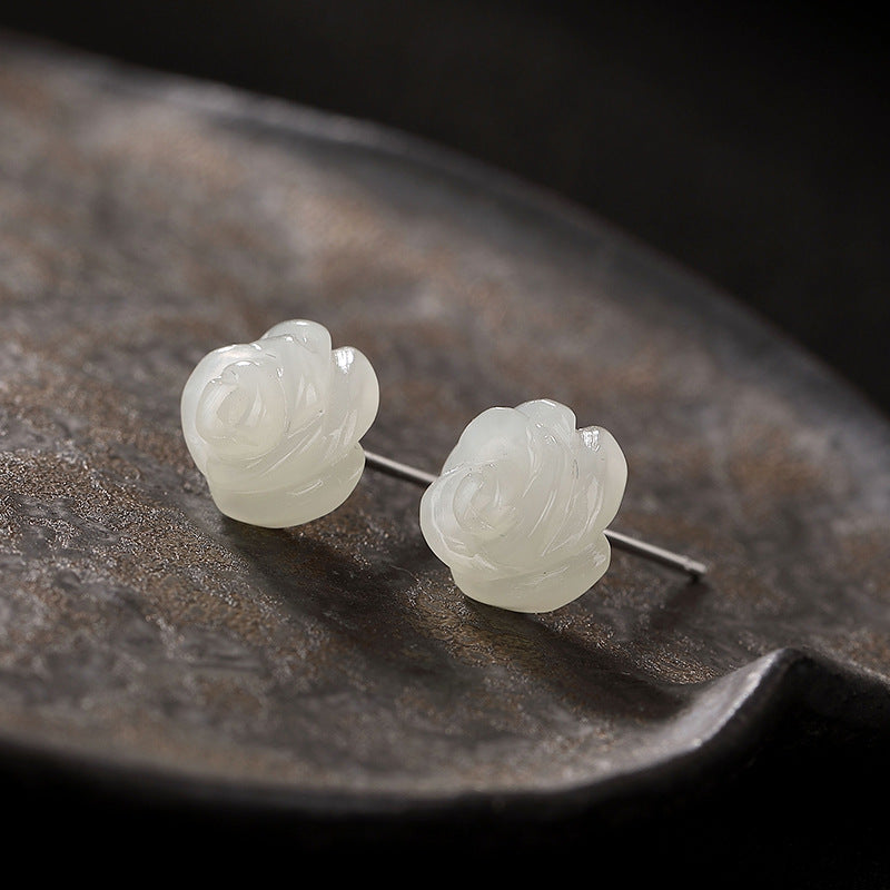 S925 Silver Jade Rose Stud Earrings