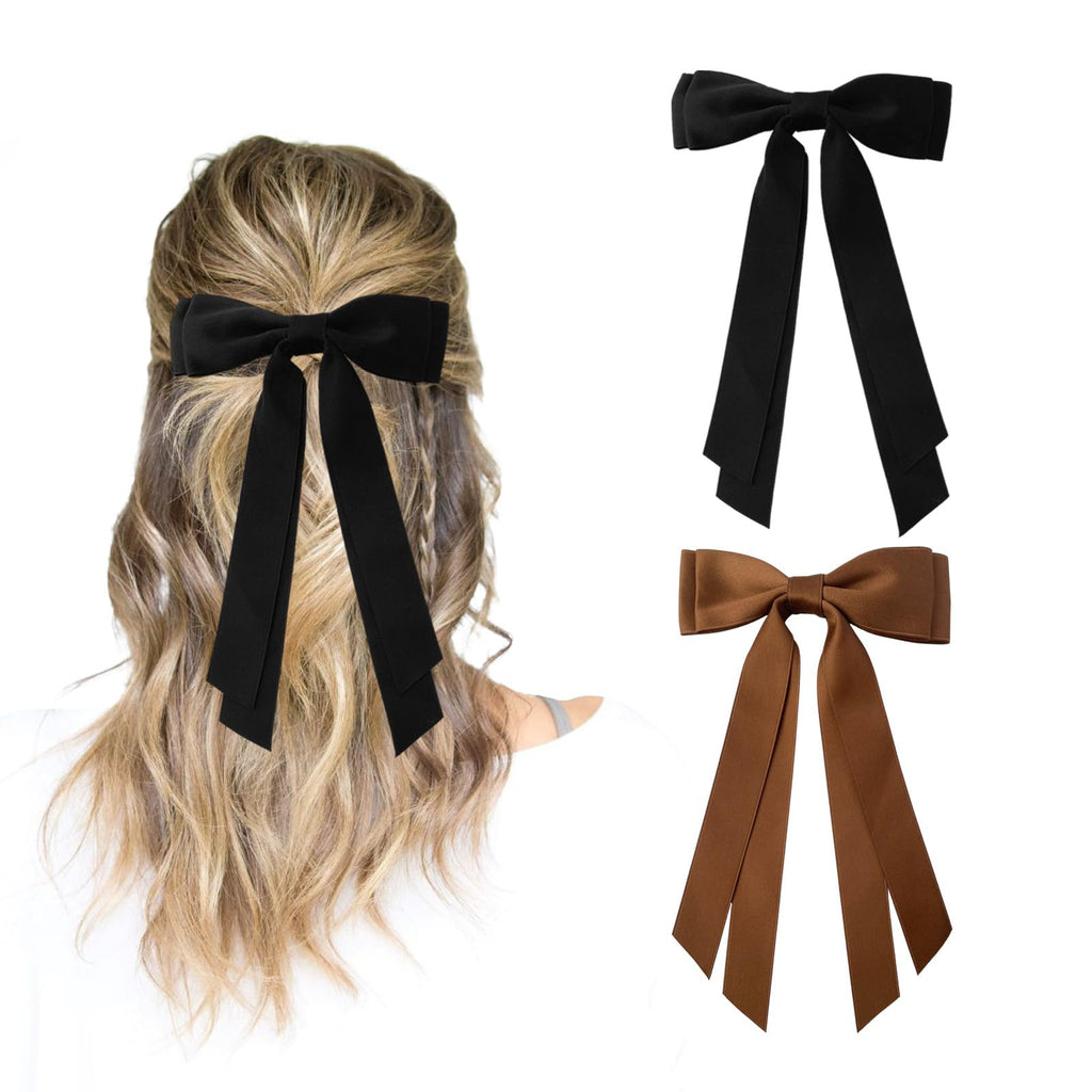 Satin Silk Hair Bow Clips - 2-Pack Black & Brown