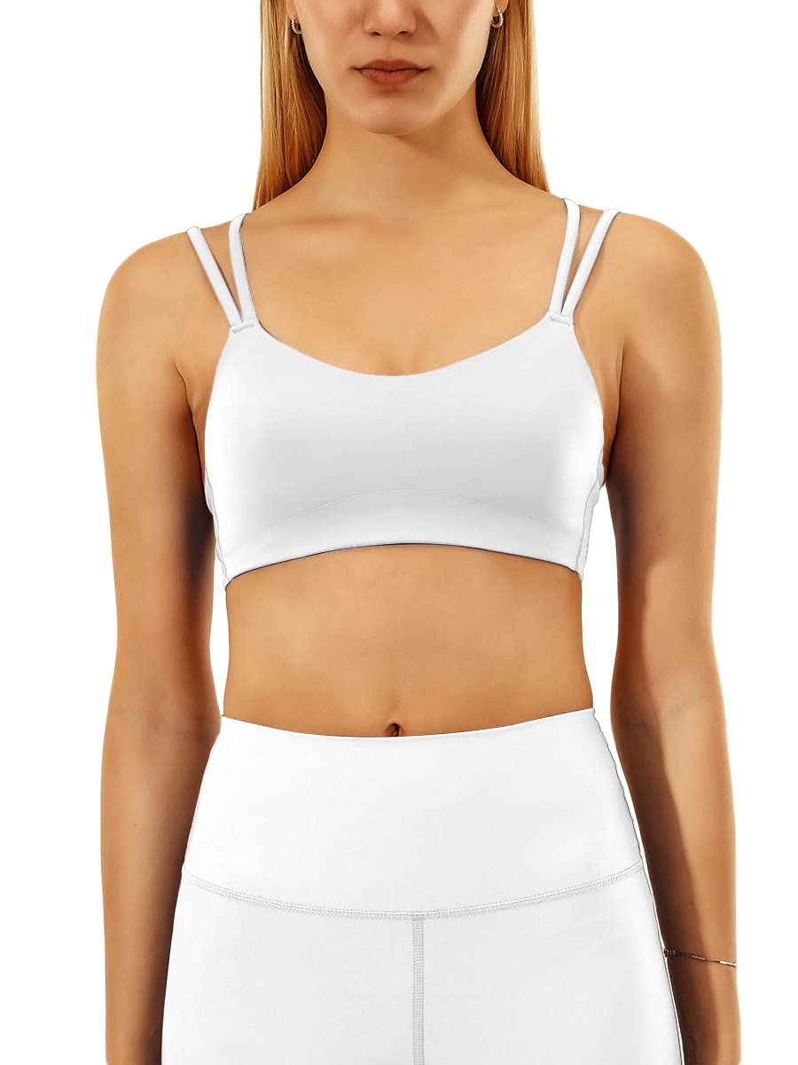 MEIVSO Womens Seamless Sports Bra Longline Spaghetti Straps Wirefree Workout Yoga Bra White M