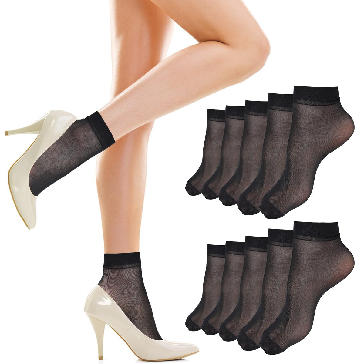 Tyqour 10-Pack Women's Sheer Nylon Ankle Socks - Black
