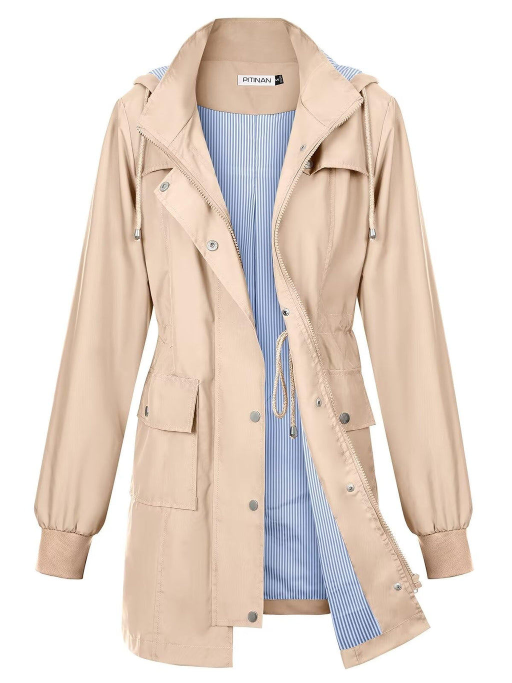PITINAN Rain Coats for Women Lightweight Rain Jackets Women with Striped Lined Waterproof Jackets For Women for Rainy Days Khaki S