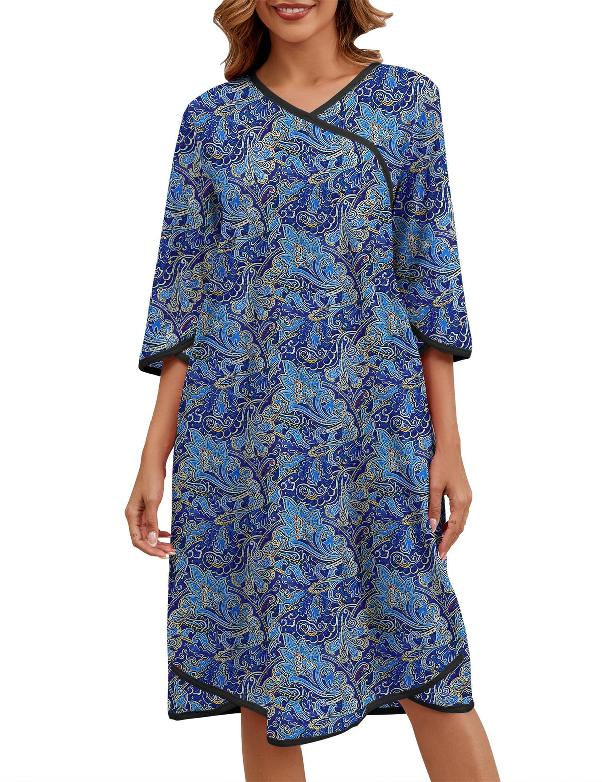 Floral 3/4 Sleeve Cotton Nightgown with Pockets