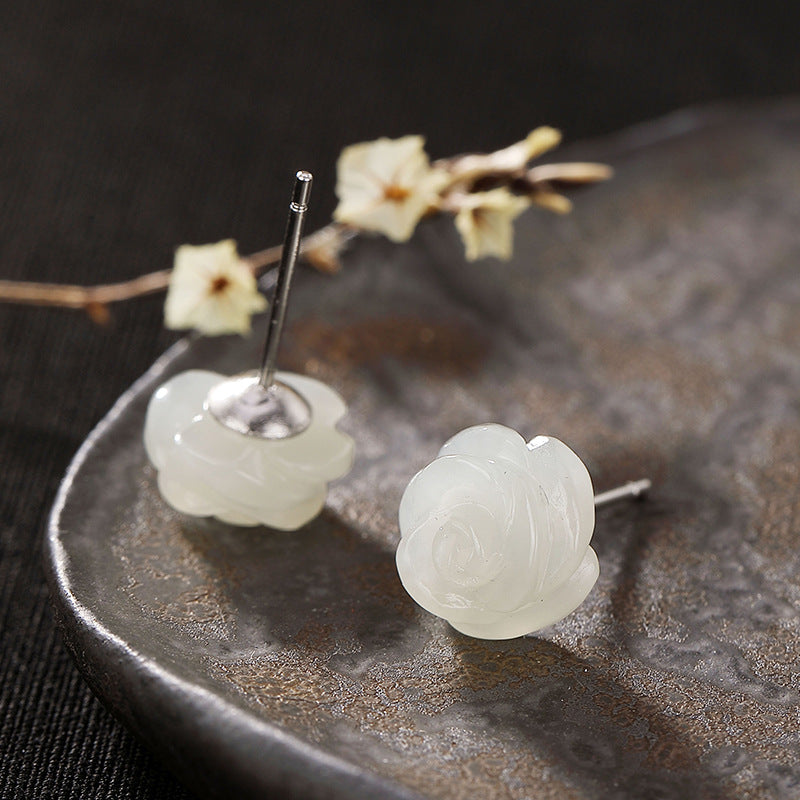 S925 Silver Jade Rose Stud Earrings