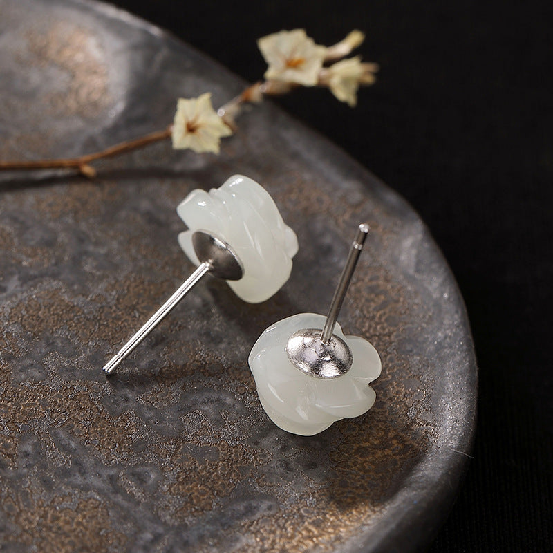 S925 Silver Jade Rose Stud Earrings