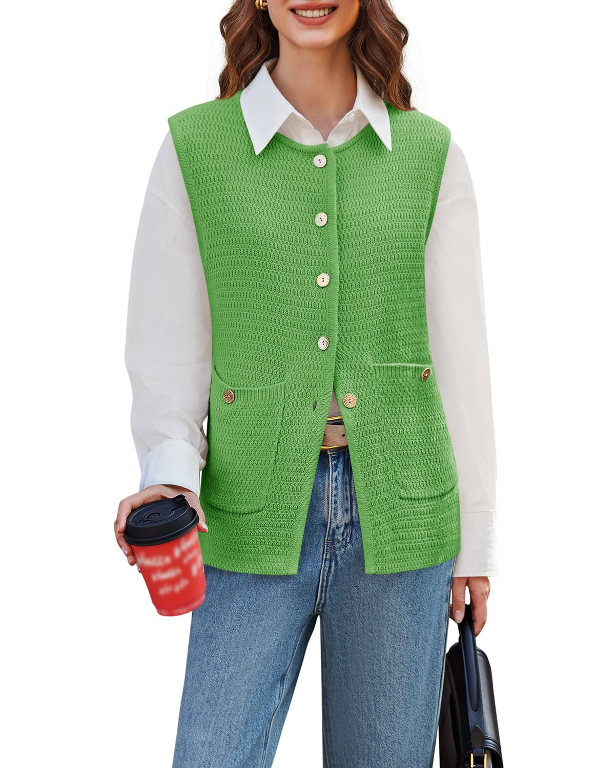 Button-Down Knit Vest for Women - Crew Neck Green M