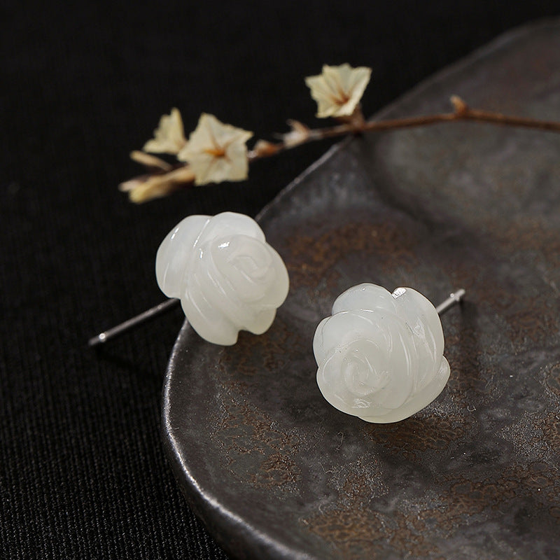 S925 Silver Jade Rose Stud Earrings